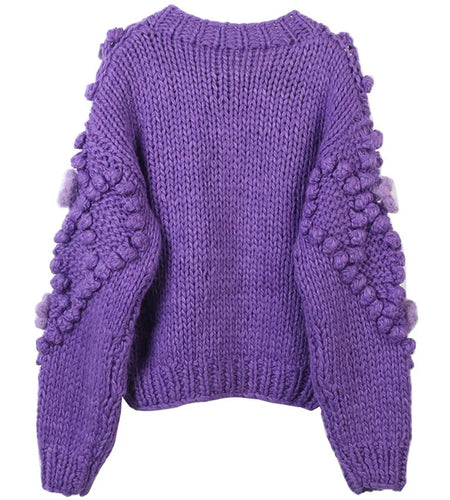 Sweater Women Autumn And Winter New Retro Handmade Sweaters O Neck Fashion Long-sleeve Purple Knitted Cardigan Coat  C-273
