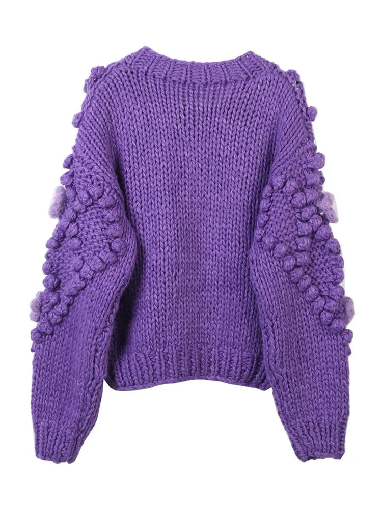 Sweater Women Autumn And Winter New Retro Handmade Sweaters O Neck Fashion Long-sleeve Purple Knitted Cardigan Coat  C-273