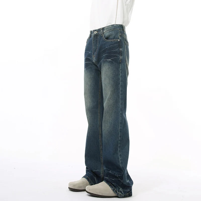 Simple Autumn Men's Jeans Slim Ripple Mill White Washing Denim Pants Korean Style Straight Leg Loose Male Bottom 9C8973