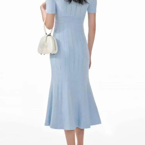 Load image into Gallery viewer, Korean Summer Black White Elegant Office Knit Long Dress Women Blue Red V-neck Slim Short Sleeve Single Breasted Fishtail Dress
