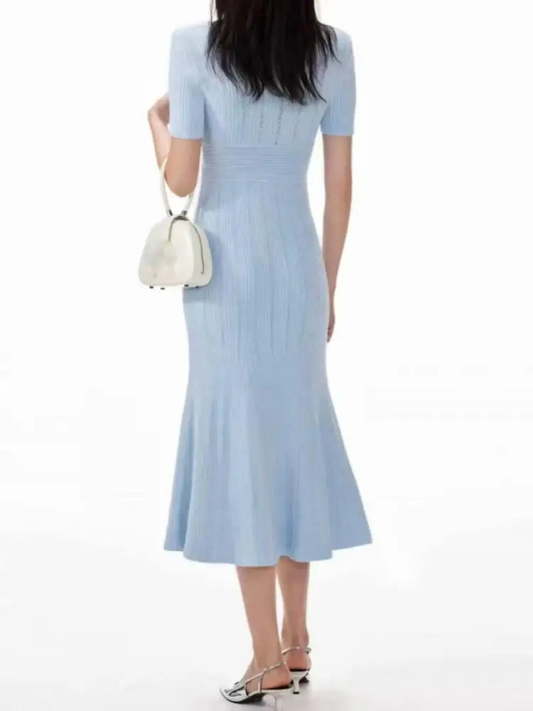 Korean Summer Black White Elegant Office Knit Long Dress Women Blue Red V-neck Slim Short Sleeve Single Breasted Fishtail Dress