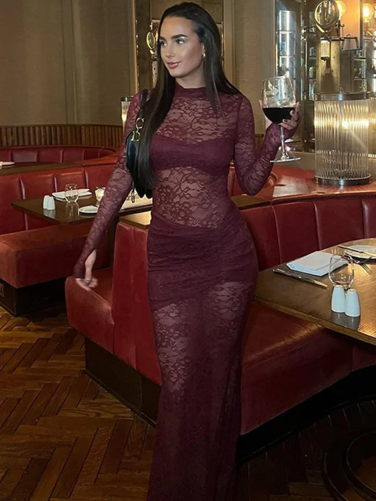 Elegant Lace Long Sleeved Bodysuit Half Skirt Two-piece Set Women Sexy Perspective Slim Set Winter New 2025 Clothing