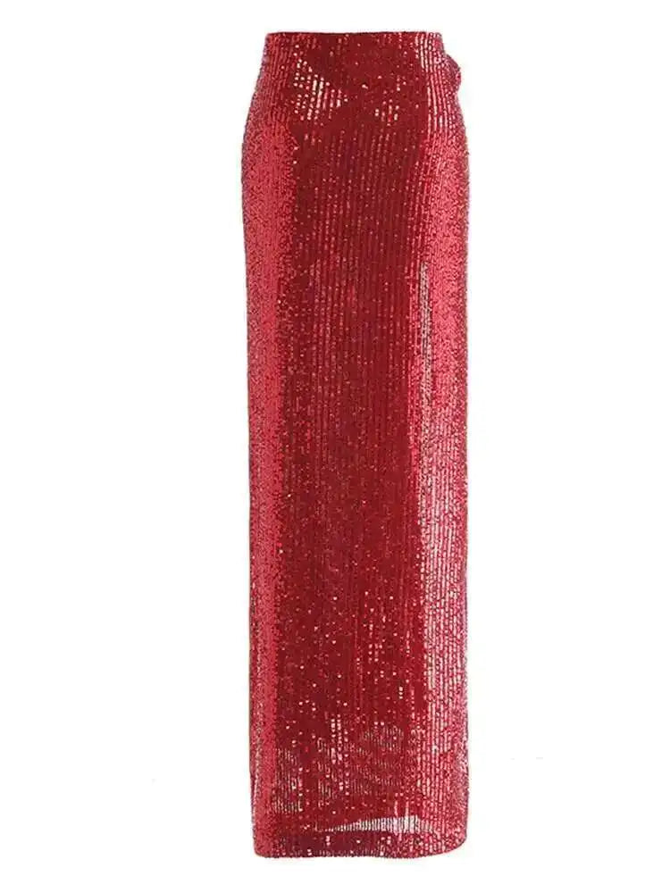 High Elastic Waist Red Sequins Flower Slit Elegant Long Half-body Skirt Women Fashion Tide New Spring Autumn 2025 1DH9121