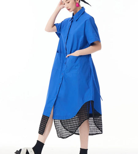 Women Blue Mesh Color-block Big Size Midi Shirt Dress New Lapel Short Sleeve Fashion Tide Spring Summer 2025 1DJ0932