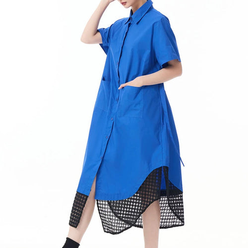 Load image into Gallery viewer, Women Blue Mesh Color-block Big Size Midi Shirt Dress New Lapel Short Sleeve Fashion Tide Spring Summer 2025 1DJ0932
