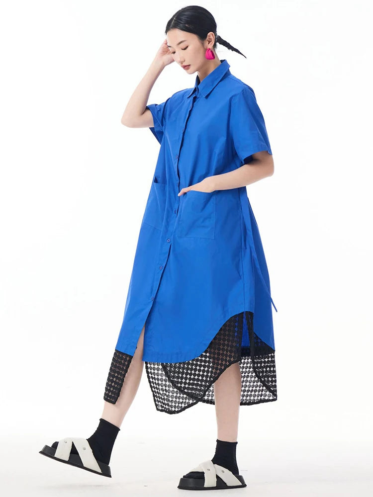 Women Blue Mesh Color-block Big Size Midi Shirt Dress New Lapel Short Sleeve Fashion Tide Spring Summer 2025 1DJ0932
