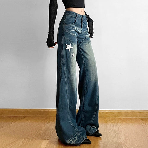 Load image into Gallery viewer, Korean Fashion Star Embroidery Flared Jeans Women Streetwear Star Embroidery Distressed Boot Cut Denim Trousers Pants
