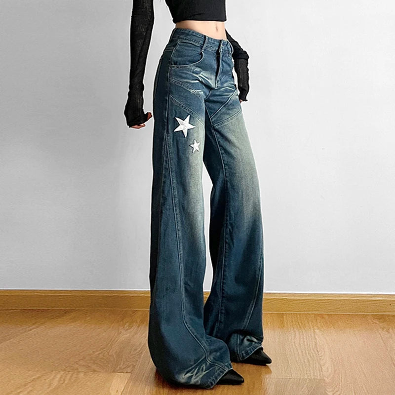 Korean Fashion Star Embroidery Flared Jeans Women Streetwear Star Embroidery Distressed Boot Cut Denim Trousers Pants