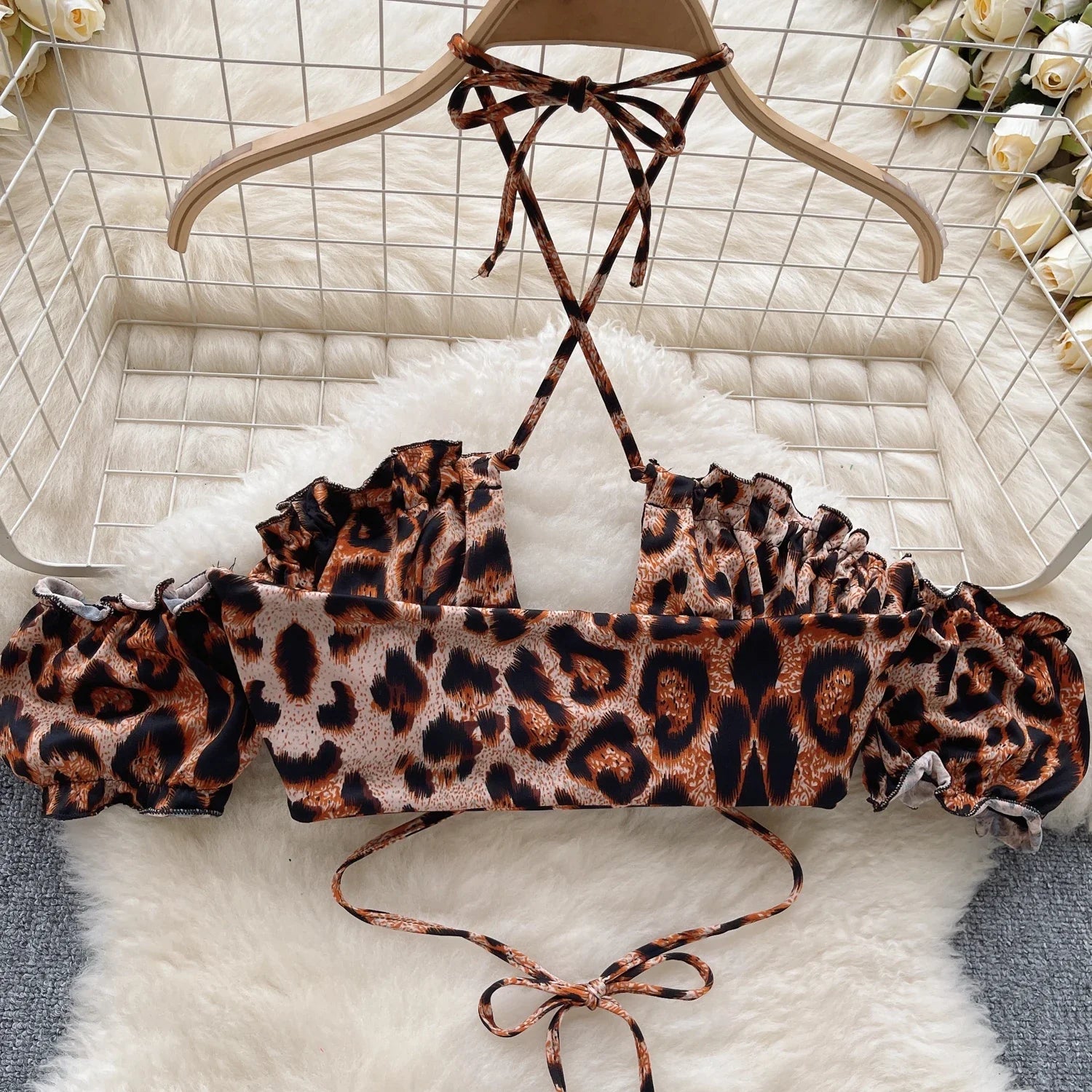 Leopard Print Erotic Three Pieces Sets Women Off the Shoulder Mini Top+Drawstring Short Skirts+Thongs Sexy Night Suits