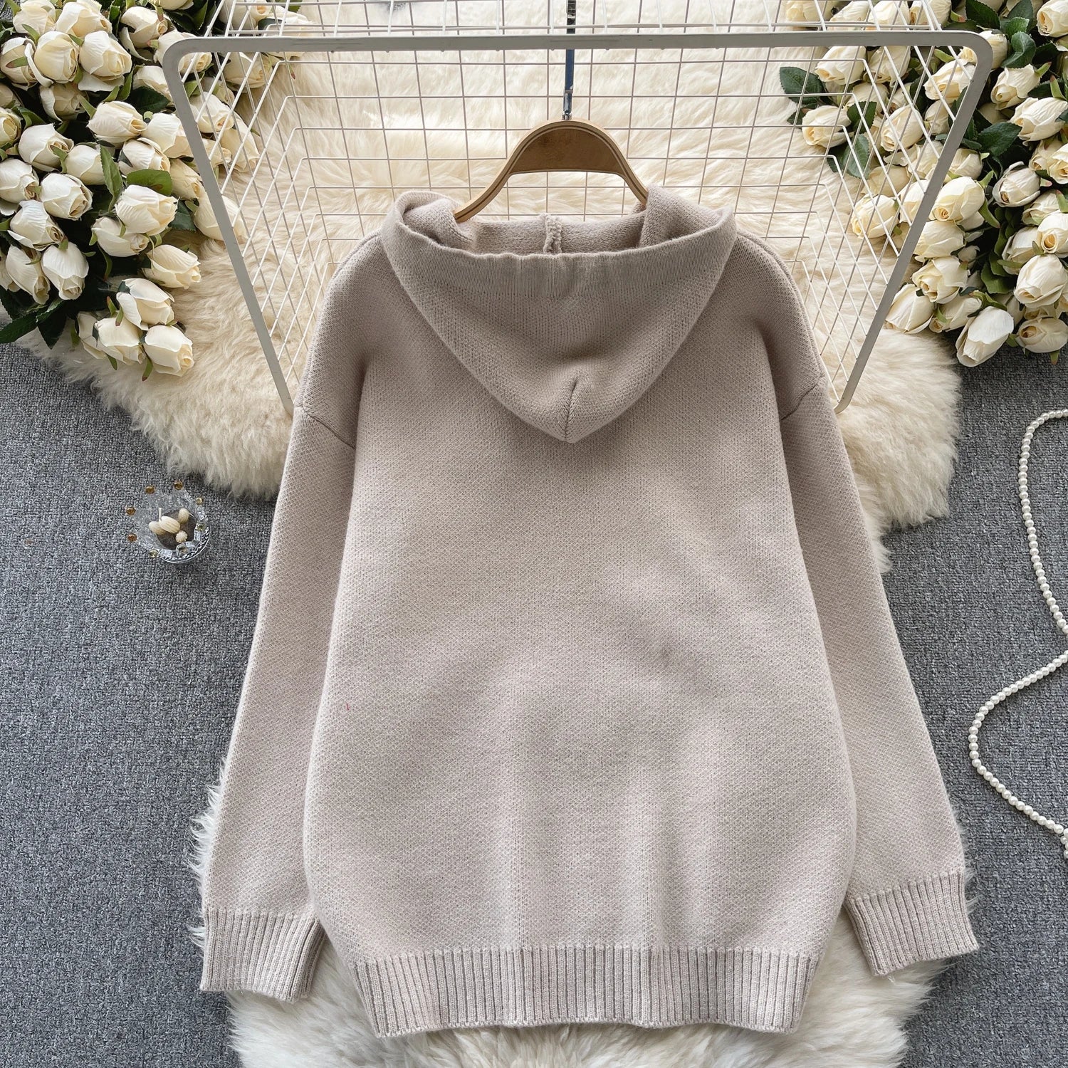 Women Patchwork Smiling Face Pullover Sweater Korean Loose Long Sleeve Casual Autumn Winter Thick Warm Knitted Hooded Tops Trend