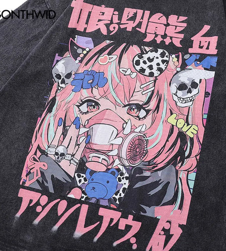 Vintage Black T-Shirt Harajuku Japanese Anime Cartoon Girl Skull Graphic Print Washed Tshirt 2024 Hip Hop Punk Loose Cotton Tops