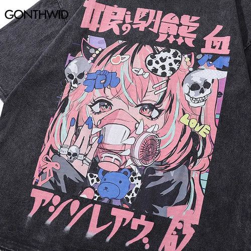 Vintage Black T-Shirt Harajuku Japanese Anime Cartoon Girl Skull Graphic Print Washed Tshirt 2024 Hip Hop Punk Loose Cotton Tops