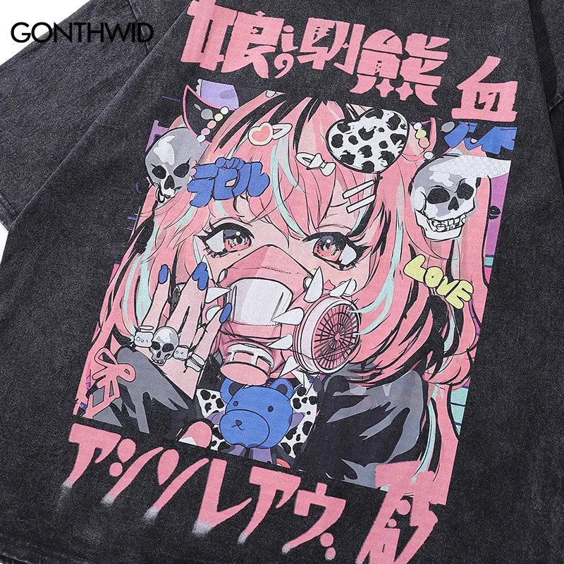 Vintage Black T-Shirt Harajuku Japanese Anime Cartoon Girl Skull Graphic Print Washed Tshirt 2024 Hip Hop Punk Loose Cotton Tops