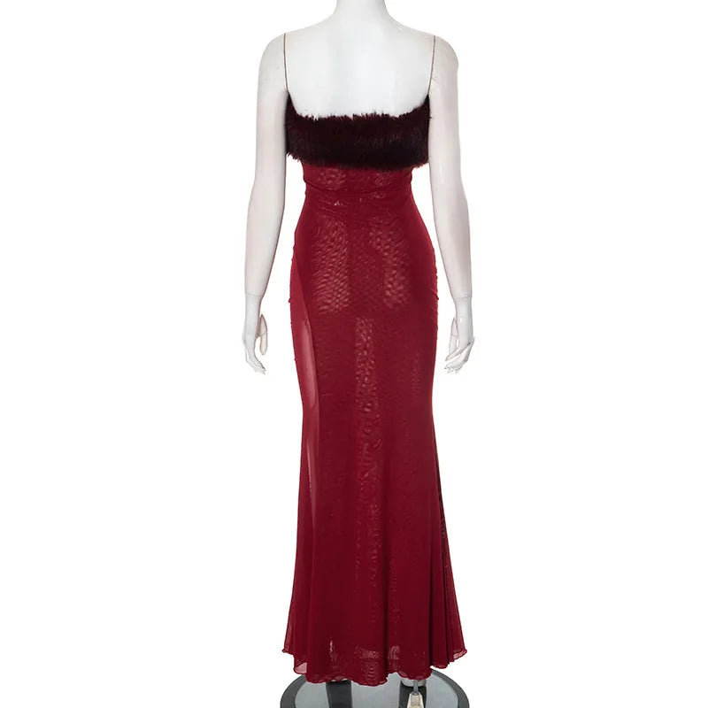 Feather Strapless Backless Sexy Maxi Dress For Women Wine Red Mesh Patchwork Sleeveless Backless Bodycon Club Dress