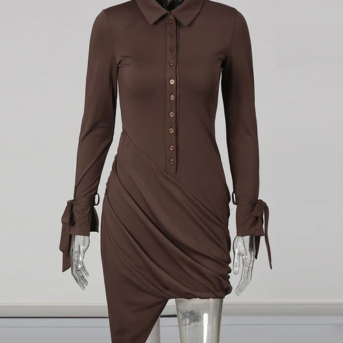 Load image into Gallery viewer, Slimming Spliced Single Breasted Mini Dresses for Women Lapel Long Sleeves Patchwork Folds Irregualr Dress Female
