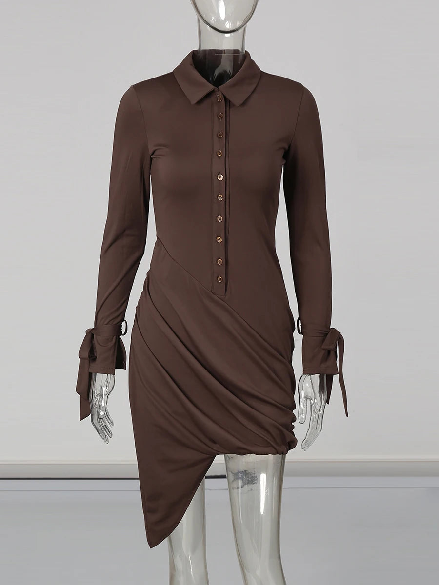 Slimming Spliced Single Breasted Mini Dresses for Women Lapel Long Sleeves Patchwork Folds Irregualr Dress Female