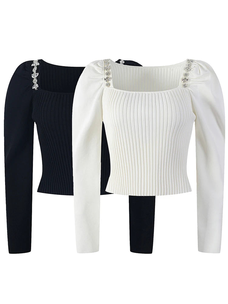 Solid Patchwork Diamonds Knitting Sweater For Women Square Collar Long Sleeve Slimming Pullover Sweater Female New