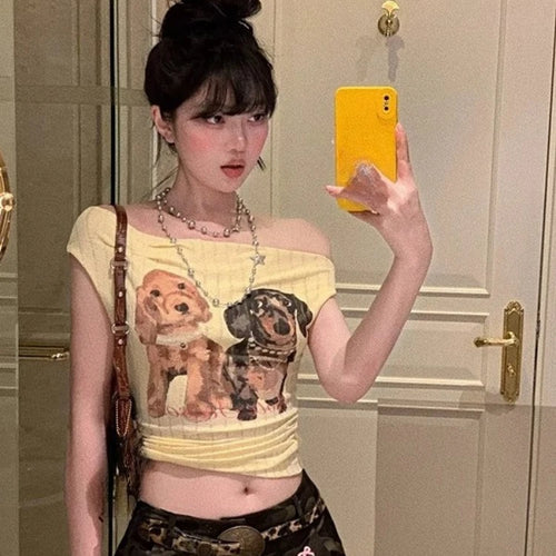 Load image into Gallery viewer, Women Harajuku Cartoon Printing Tops Y2k Aesthetic Sexy Slash Neck Fairy Tees Summer Slim Fit Streetwear Grunge Cropped Tshirts
