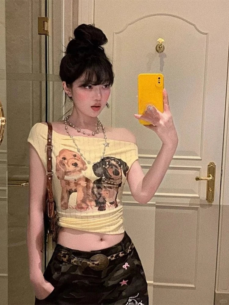 Women Harajuku Cartoon Printing Tops Y2k Aesthetic Sexy Slash Neck Fairy Tees Summer Slim Fit Streetwear Grunge Cropped Tshirts