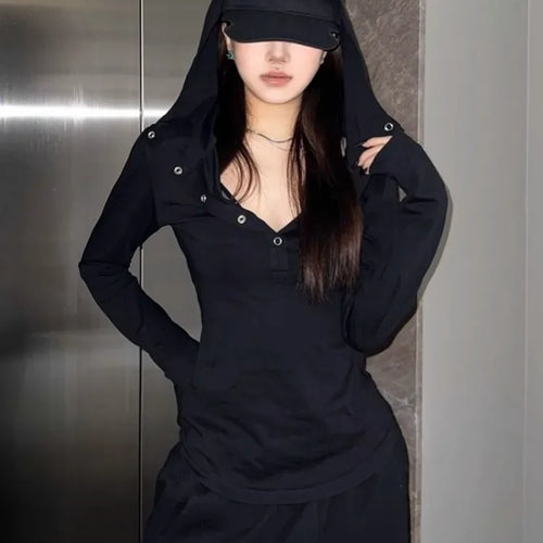 Load image into Gallery viewer, Solid See Through Sexy Hooded Tops Vintage Bottoming Harajuku T-shirt Women Y2k Aesthetic Single Breasted Grunge Tees Streetwear
