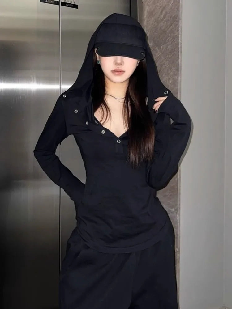 Solid See Through Sexy Hooded Tops Vintage Bottoming Harajuku T-shirt Women Y2k Aesthetic Single Breasted Grunge Tees Streetwear