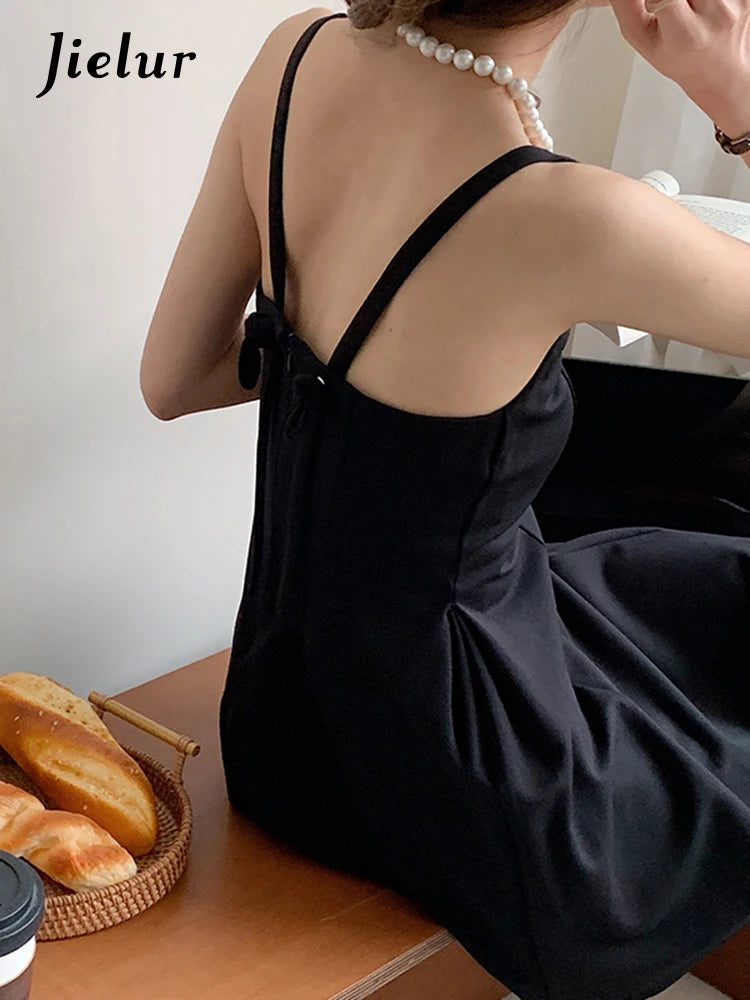 French Style Black Strapless Women Dresses Summer Solid Color Slim Waist Backless Simple Female Dress Fashion Office Lady