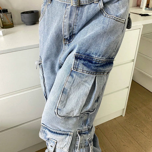 Load image into Gallery viewer, Patchwork Pockets Casual Loose Denim Pants For Women High Waist Spliced Belt Streetwear Cargo Jeans Female Fashion
