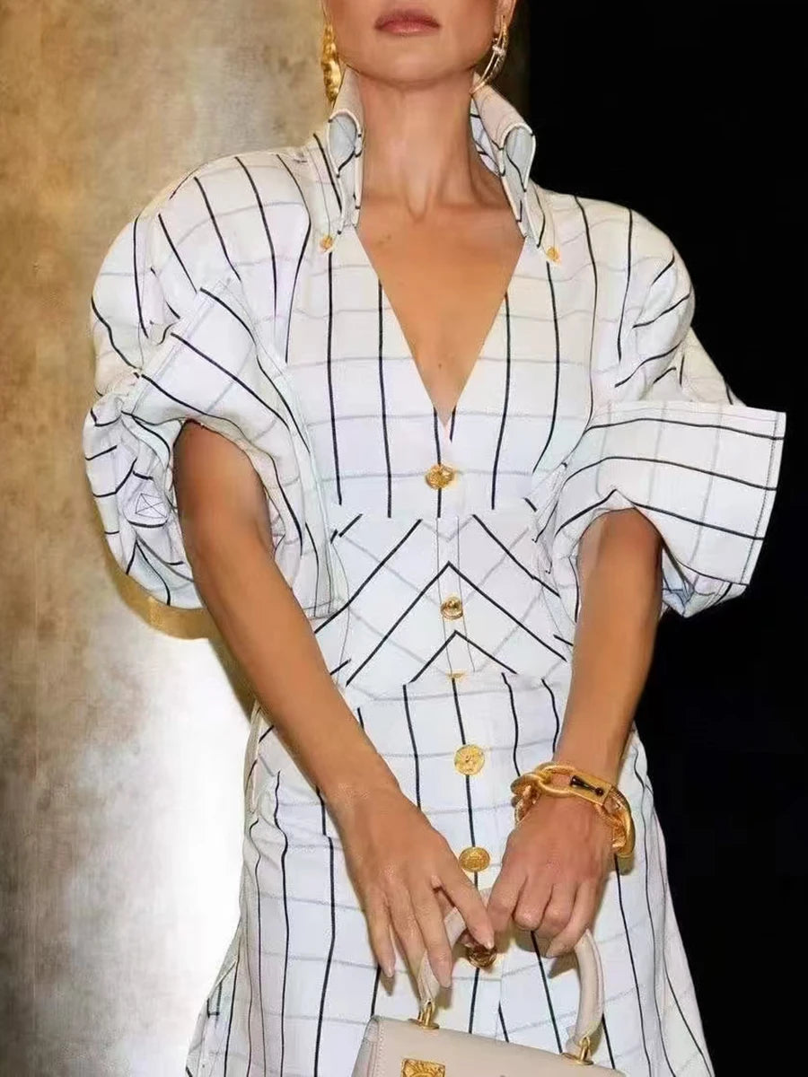 Hit Color Spliced Plaid Temperament Dresses for Women V Neck Long Sleeves Patchwork Button Fashion Dress Female New