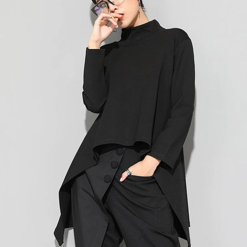 Load image into Gallery viewer, Spring Autumn  High Collar Long Sleeve Black Irregular Hem Loose T-shirt Women Fashion Tide All-match JK397
