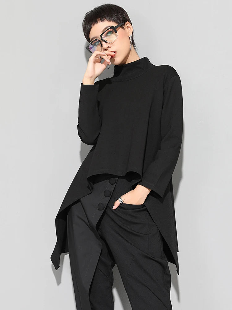 Spring Autumn  High Collar Long Sleeve Black Irregular Hem Loose T-shirt Women Fashion Tide All-match JK397