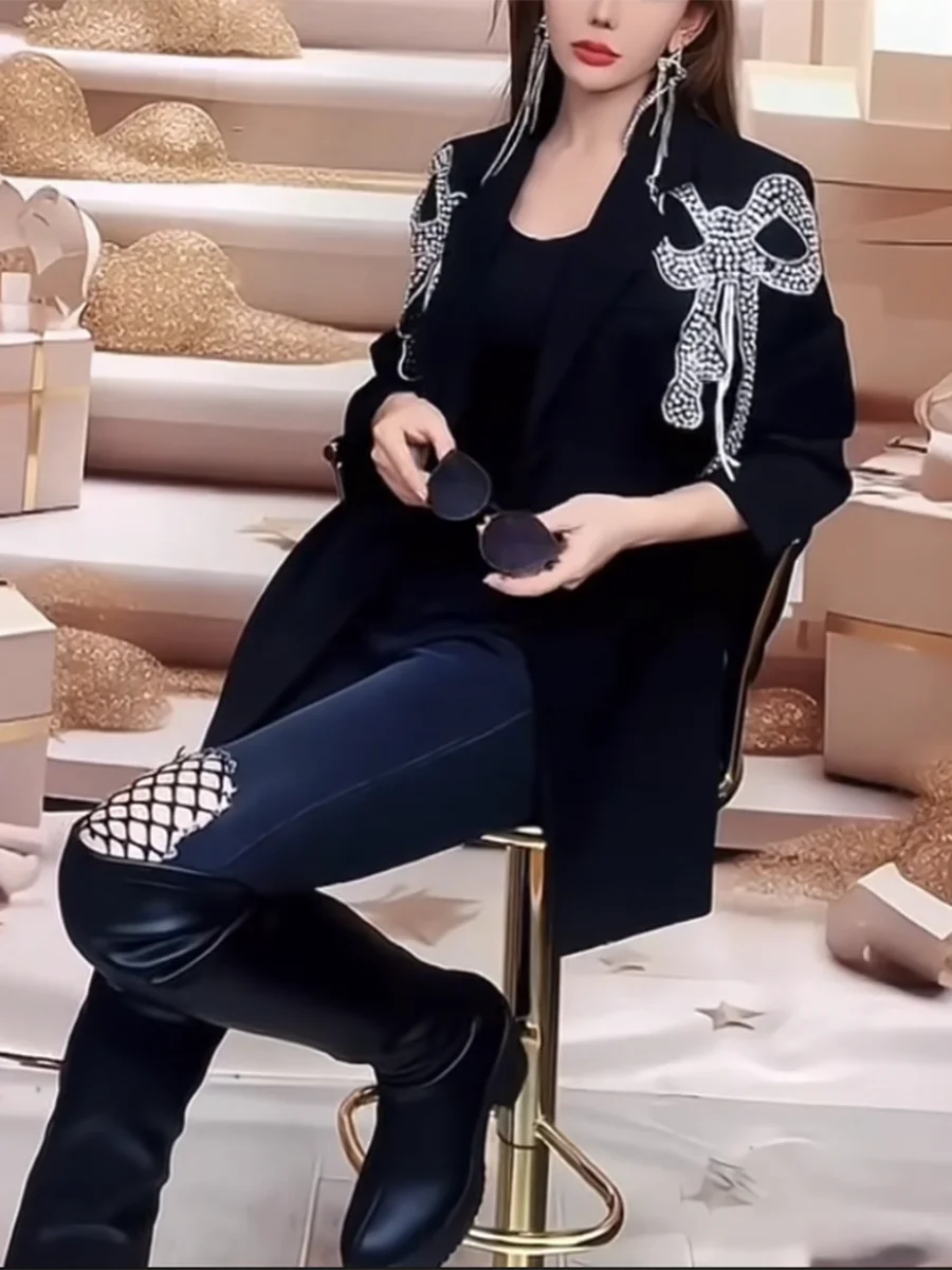 Solid Patchwork Button Slimming Blazer For Women Notched Collar Long Sleeve Spliced Diamonds Elegant Coat Female