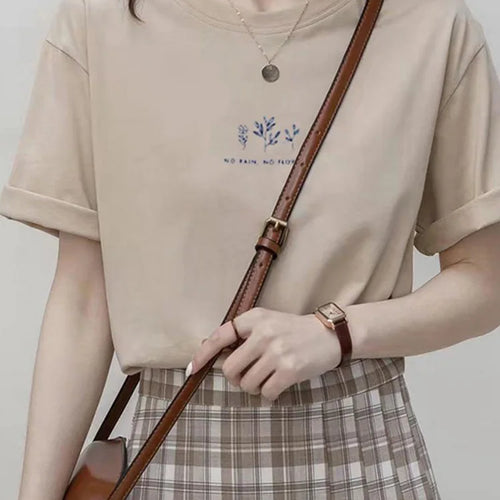 Load image into Gallery viewer, Korean Style Round Neck T-shirt Women's Summer Loose Fit Plant Printing Casual Solid Color Short Sleeves Top For Students
