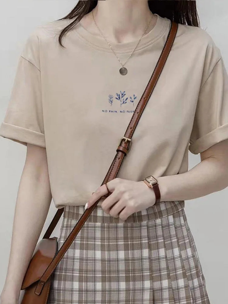 Korean Style Round Neck T-shirt Women's Summer Loose Fit Plant Printing Casual Solid Color Short Sleeves Top For Students