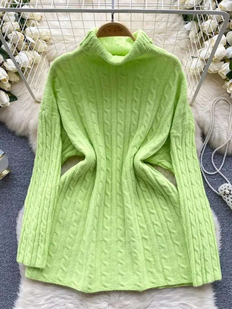 Autumn Winter Women's Solid Elegant High-neck Knitting Sweater Female Loose Thick Warm Long Sleeves Simple Crochet Pullover Tops