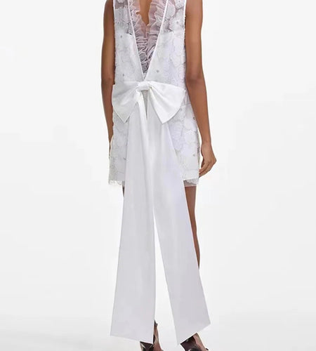 Solid Loose Spliced Embroidery Dresses for Women Round Neck Sleeveless Patchwork Bowknot Mini Dress Female Clothing