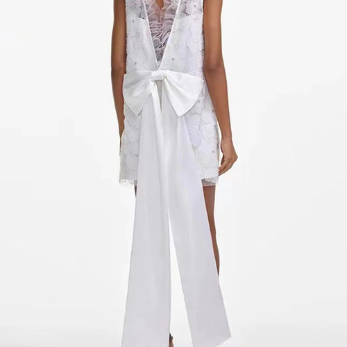 Load image into Gallery viewer, Solid Loose Spliced Embroidery Dresses for Women Round Neck Sleeveless Patchwork Bowknot Mini Dress Female Clothing
