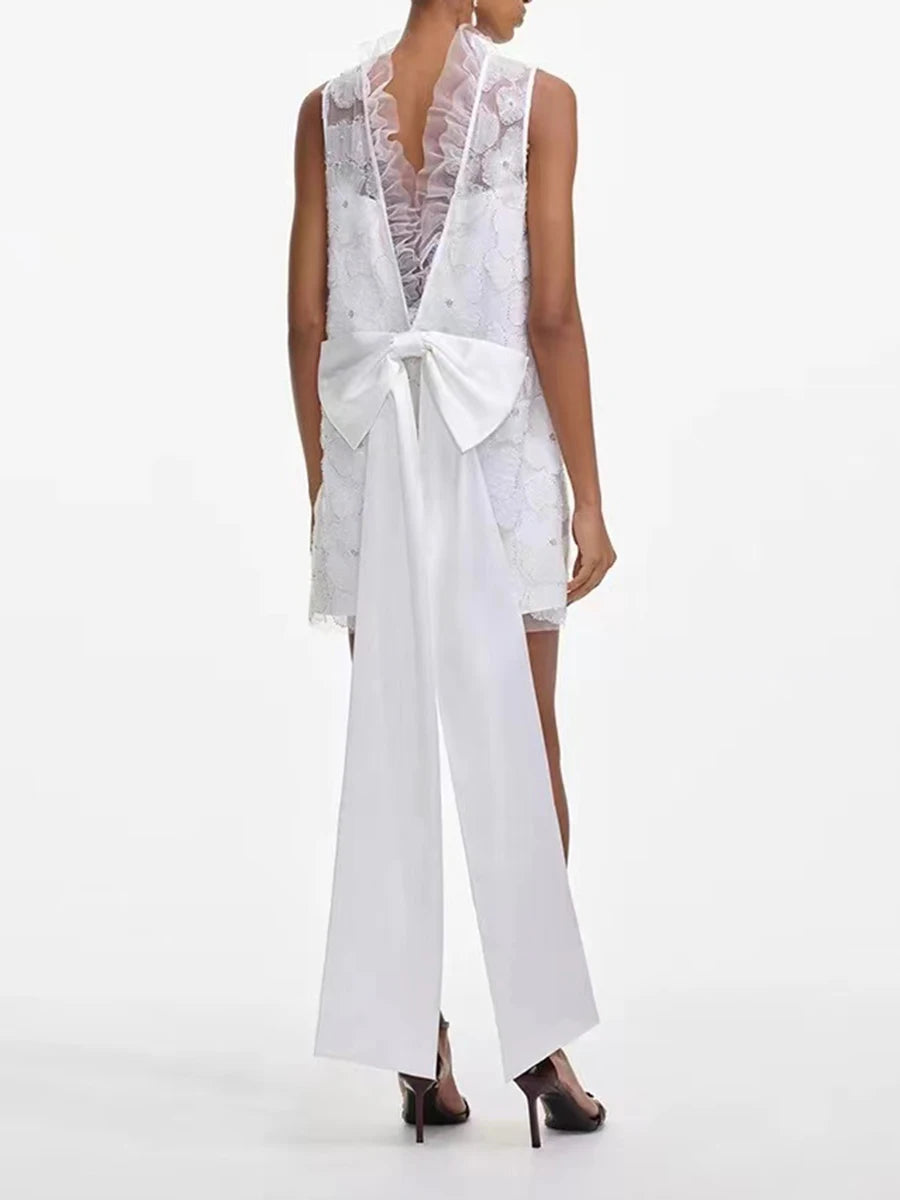 Solid Loose Spliced Embroidery Dresses for Women Round Neck Sleeveless Patchwork Bowknot Mini Dress Female Clothing