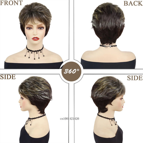 Load image into Gallery viewer, Synthetic Hair Short Wig with Bangs Mommy Wig Mix Brown Highlights Natural Wigs for Daily Use Chemo Cancer Patients Gifts Wigs
