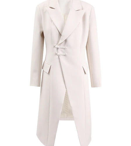 Women Beige Irregular Hem Buckle Long Elegant Blazer New Lapel Long Sleeve Jacket Fashion Tide Spring Autumn 2025 CPDB133