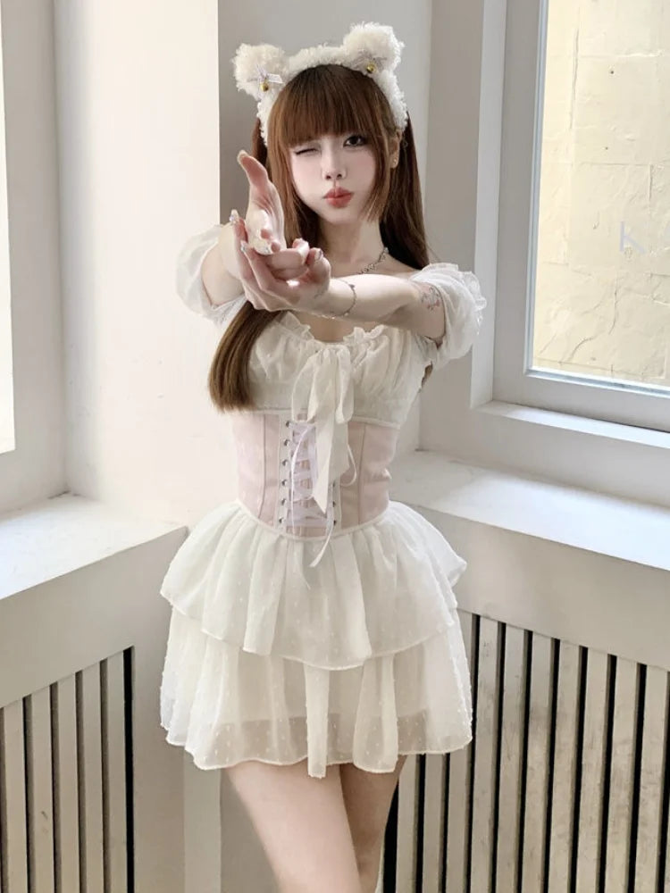 Fairy Princess Mesh White Dress Y2k Soft Girls Sweet Elegant Wrap Mini Short Dresses Fashion Summer Sundress