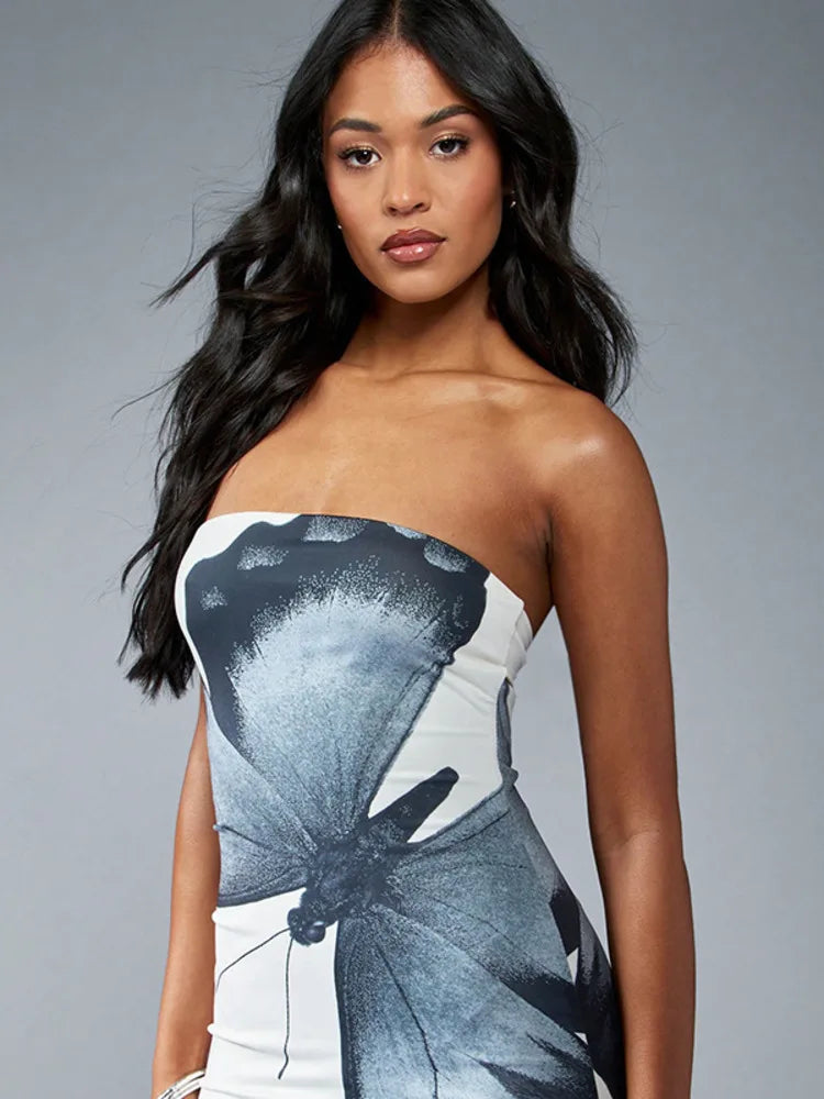 Off-shoulder Print Sexy Maxi Dress Women Summer New Strapless Sleeveless Backless High Waist Beach Holiday Long Dress