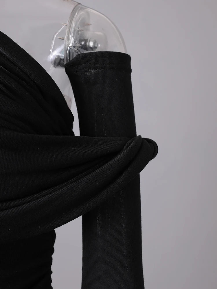 Women Black Pleated Elegant Slim Long Dress New Asymmetrical Collar Long Sleeve Fashion Tide Spring Autumn 2025 CPG2993