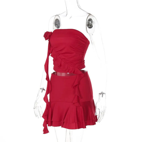 Load image into Gallery viewer, Sexy Women Dress Sets Rose Strapless Crop Tops And Mini Skirt Sets Female Elegant Ruffled Club Party Two Piece Sets
