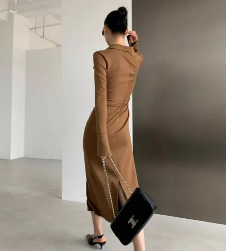 2023 New High Waist Vintage Black Single Breasted Elegant Long Dress Spring Autumn Women Brown Office Pleated Split Shirt Dress
