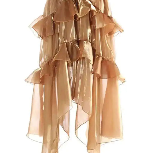 Load image into Gallery viewer, High Elastic Waist Brown Organza Glossy Ruffled Asymmetrical Half-body Skirt Women Fashion New Spring Autumn 2025 1DJ0073

