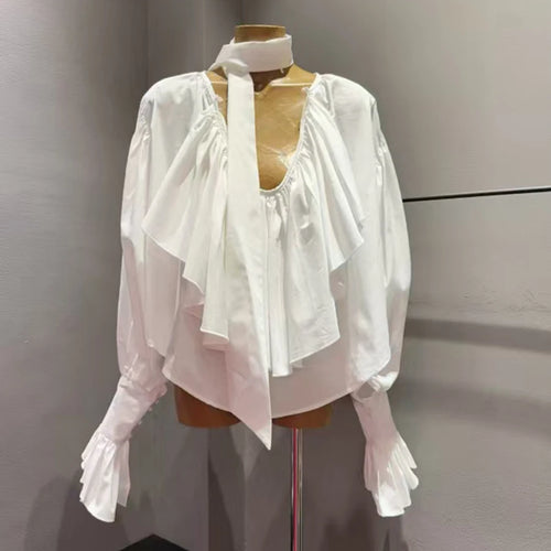 Load image into Gallery viewer, Solid Spliced Fungus Folds Elegant Blouses for Women V Neck Long Sleeves Temperament Blouse Female Fashion Clothing
