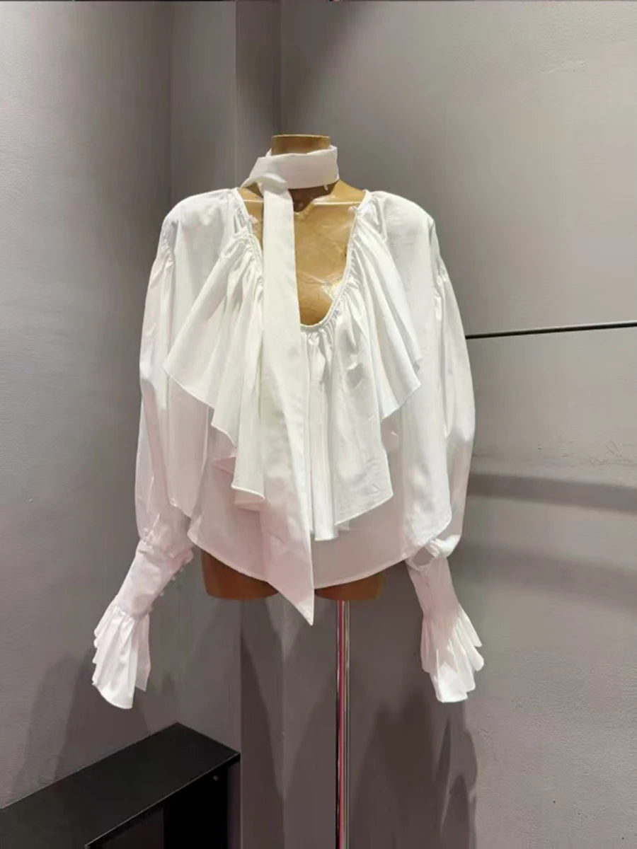 Solid Spliced Fungus Folds Elegant Blouses for Women V Neck Long Sleeves Temperament Blouse Female Fashion Clothing