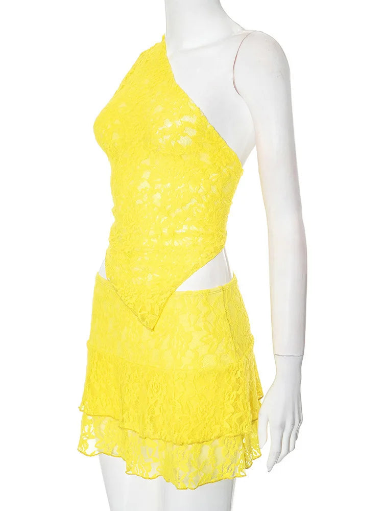 Sexy Slim Fit Women's  Two-piece Set Patchwork Irregular Lace Top And Fashion Short Skirt Two-piece Set Ladies Outfits