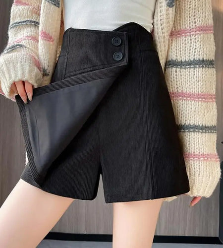Korean Vintage Black Beige High Waist Corduroy Mini Shorts Women 2024 New Fashion Autumn Winter Elegant A-line Short Pant Casual