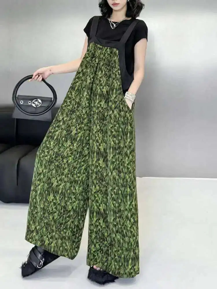 High Waist Green Pattern Printed Big Size Long Overalls Pants New Trousers Women Fashion Tide Spring Autumn 2025 1DH6622